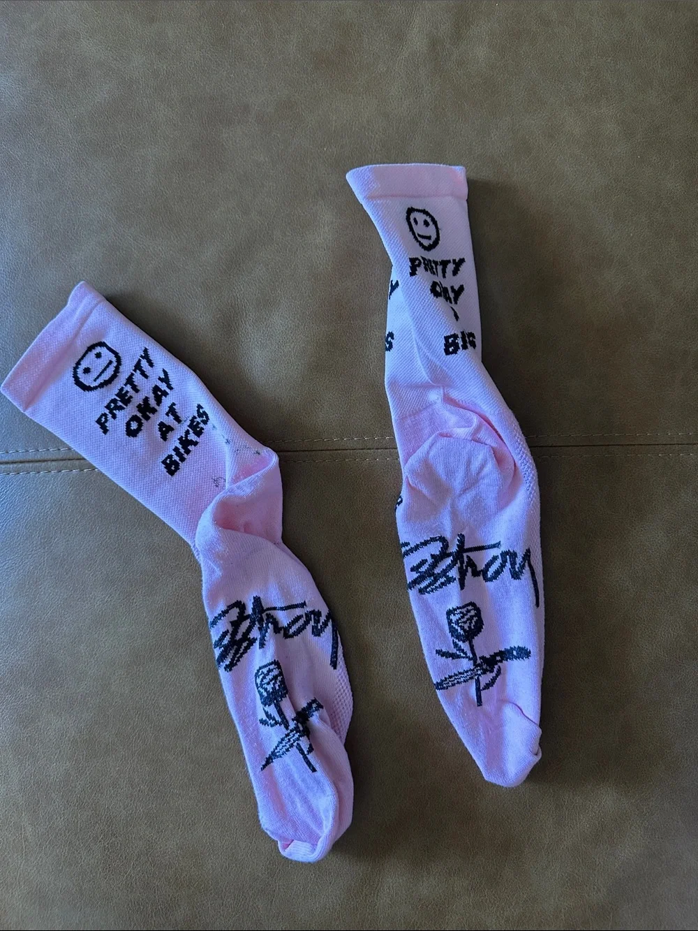 “Pretty Okay At Bikes” Pink Crew Socks